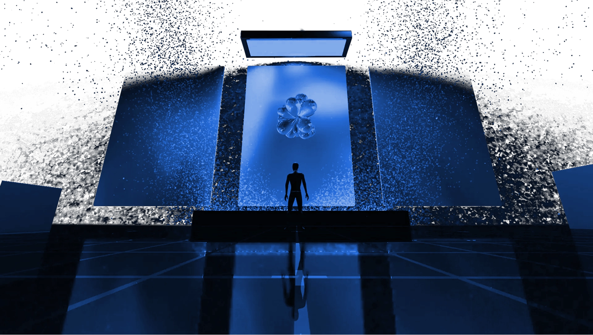Silhouette standing before large glowing pink digital display